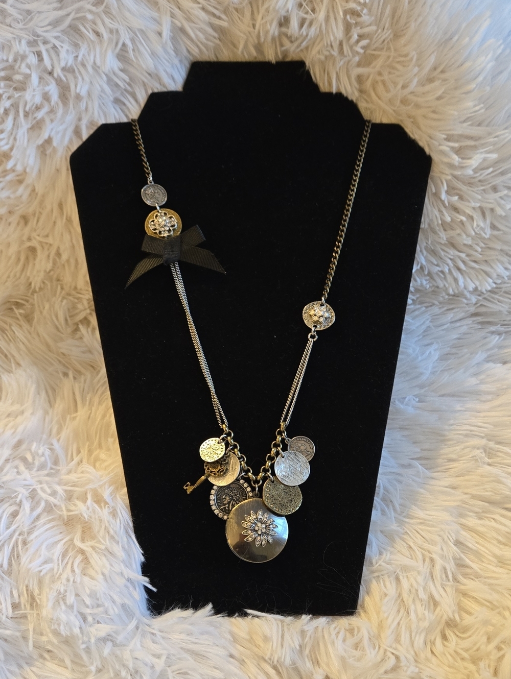 Vintage-Inspired Silver Tone Coin Charm Necklace with Black Bow
